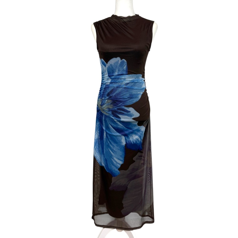 Floral Mesh Maxi Dress M Brown Blue Ruched Y2K Bodycon Madden Girl Whimsigoth